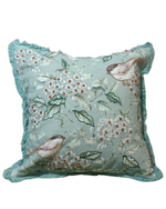 Load image into Gallery viewer, RATIOS Bird & Blossom Printed Cushion Cover with Aqua Fringe Border