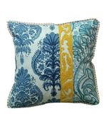 Load image into Gallery viewer, Blue & White Printed Cushion Cover with Mustard Accent Strip – Designer Sofa Decor