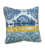 Load image into Gallery viewer, Blue & White Printed Cushion Cover with Mustard Accent Strip – Designer Sofa Decor