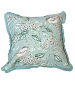 Load image into Gallery viewer, RATIOS Bird & Blossom Printed Cushion Cover with Aqua Fringe Border