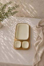 Load image into Gallery viewer, Ivory Ceramic Serving Set with Bamboo Tray – 3 Pieces