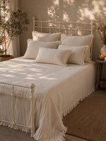 Load image into Gallery viewer, Ivory Elegance Crinkle Cotton Bedcover Set with Tassel Fringe