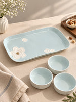 Load image into Gallery viewer, Ceramic Floral Platter & Dip Bowl Serving Set - Pastel Blue (4-Piece Set)