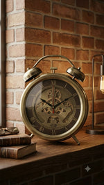 Load image into Gallery viewer, Vintage Industrial Skeleton Alarm Clock – Antique Brass Finish