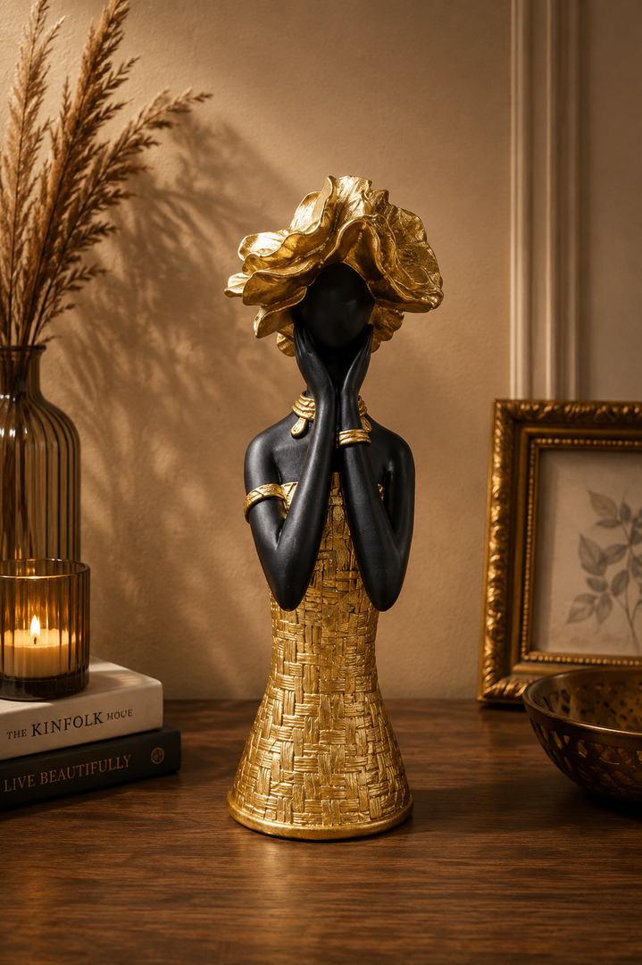 Elegant Golden Lady Sculpture (Hands on Face) – Premium Resin Decorative Showpiece | Luxury Modern Home Décor