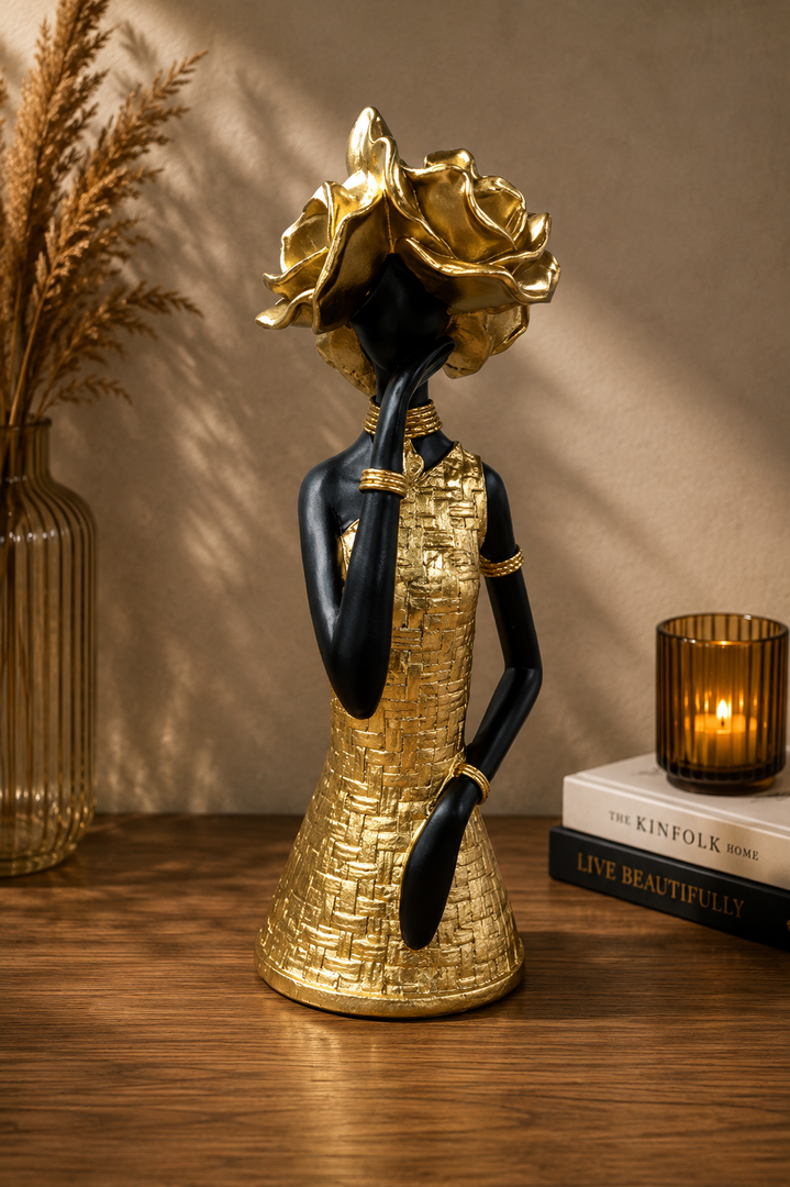 Elegant Golden Lady Sculpture – Premium Resin Decorative Showpiece | Modern Luxury Home Décor
