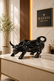 Luxury Charging Bull Showpiece | Glossy Black Resin Bull Statue | Modern Home Décor