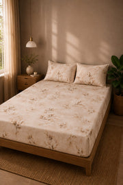 Soft Blossom Premium Cotton Fitted Bedsheet with Pillow Covers – Warm Beige
