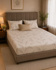 Botanical Leaf Premium Cotton Fitted Bedsheet with Pillow Covers – Sand Beige