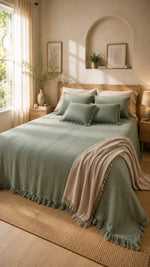 Load image into Gallery viewer, Sage Serenity Crinkle Cotton Bedcover Set with Tassels