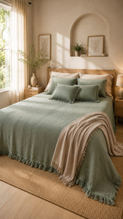 Sage Serenity Crinkle Cotton Bedcover Set with Tassels