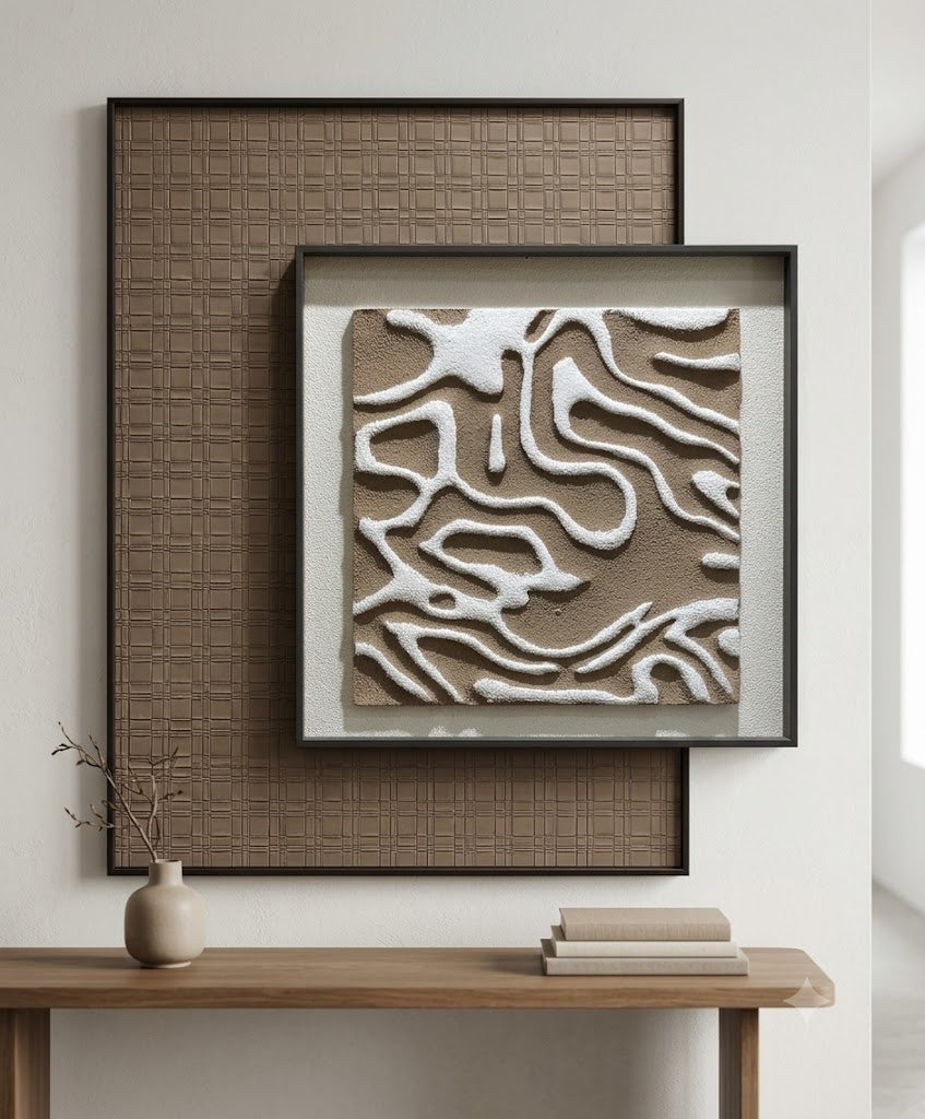 Modern 3D Abstract Textured Wall Art – Beige & White Contemporary Framed Décor
