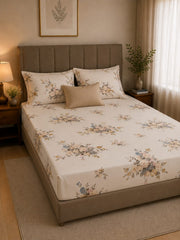 Vintage Floral Premium Cotton Fitted Bedsheet with Pillow Covers – Ivory Beige