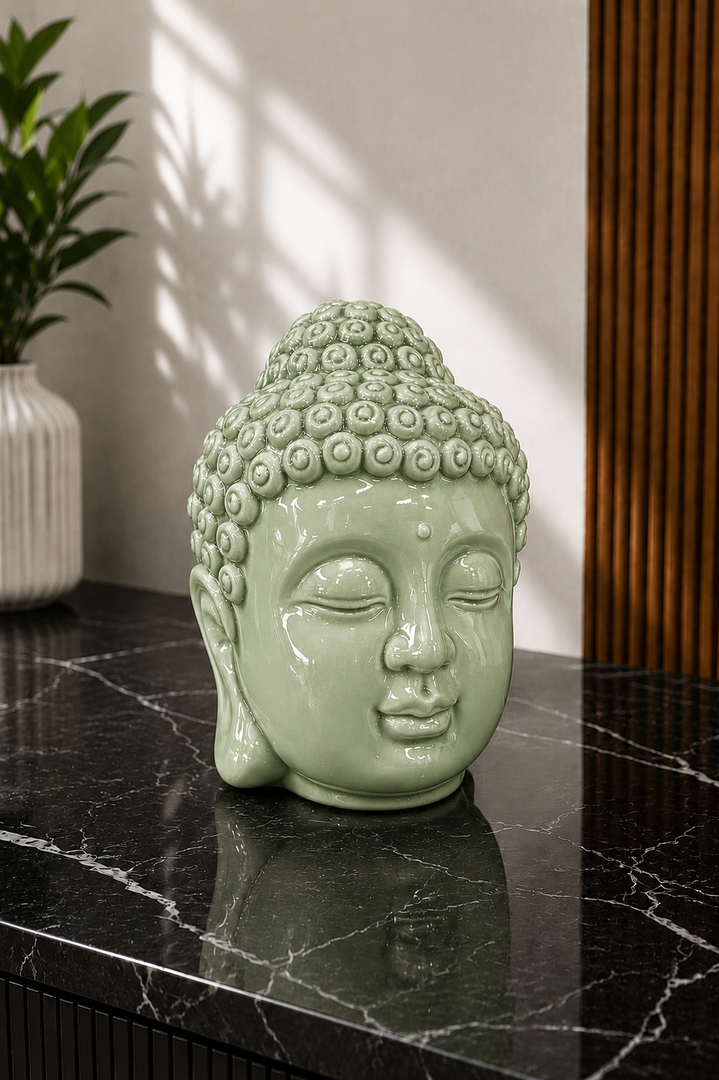 Glossy Pistachio Green Ceramic Buddha Head Decorative Showpiece