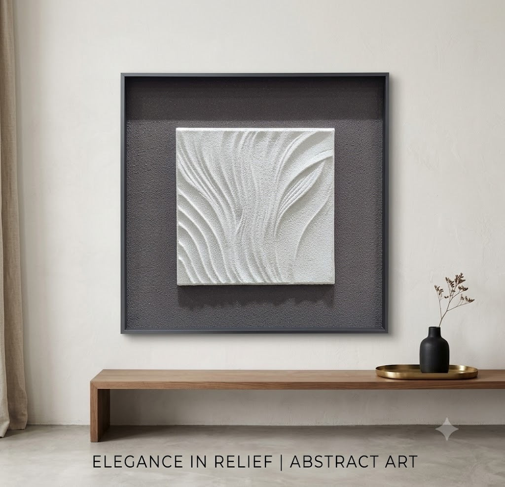 Modern 3D Abstract Leaf Wall Art – White Textured Relief with Black Frame