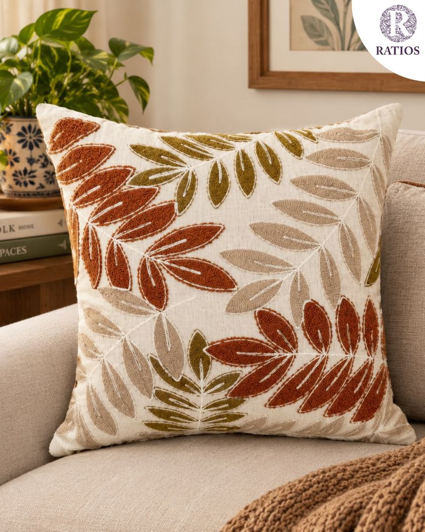 The Autumn Foliage Hand-Embroidered Cushion Cover