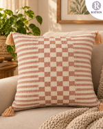 Load image into Gallery viewer, Woven Terracotta Checkerboard &amp; Stripe Cushion Cover – Dusty Rose Geometric Pillow Case with Corner Tassels
