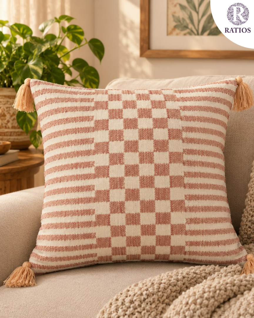 Woven Terracotta Checkerboard & Stripe Cushion Cover – Dusty Rose Geometric Pillow Case with Corner Tassels