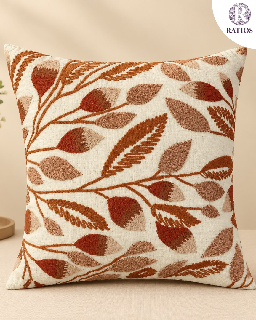 The Terracotta Branch Hand-Embroidered Cushion Cover
