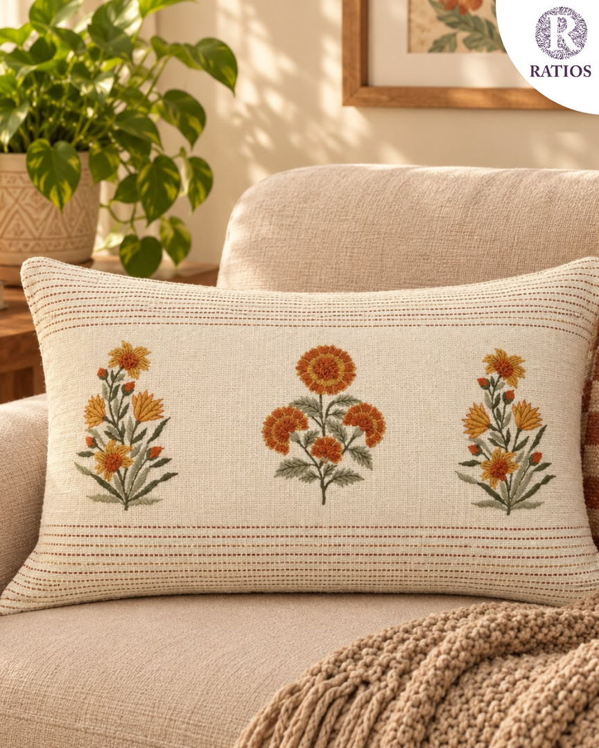 Embroidered Marigold Motif Rectangular Cushion Cover