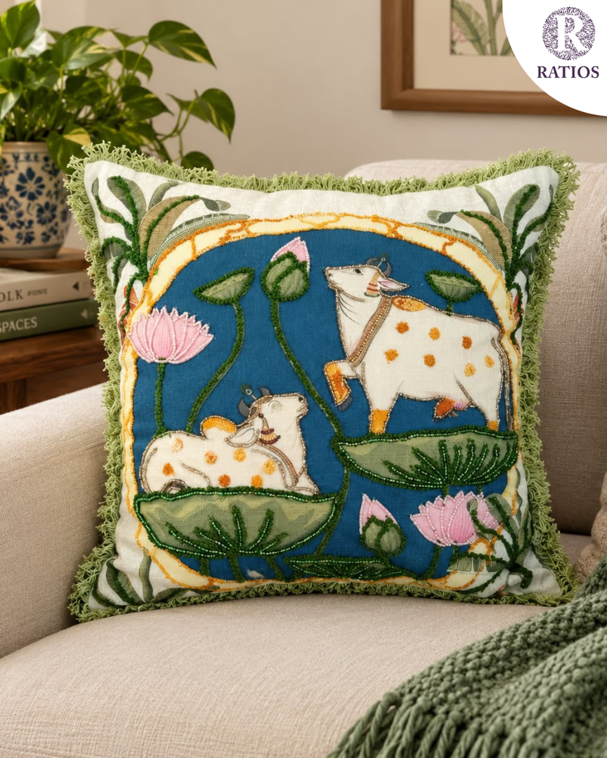 The Sacred Lotus & Kamdhenu Hand-Embroidered Cushion Cover