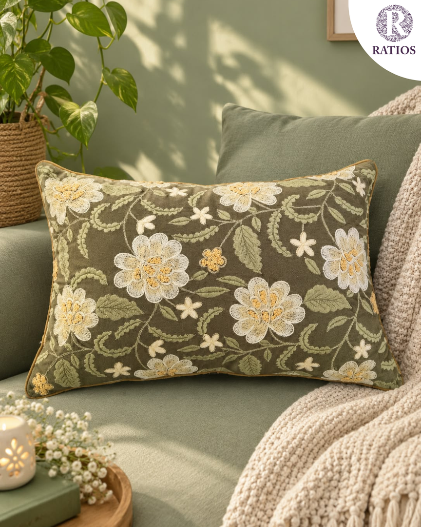 Hand-Embroidered Sage Green Floral Cushion Cover