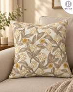 Load image into Gallery viewer, Hand-Embroidered Floral Cushion Cover – Off-White &amp; Ochre Botanical Pillow Case
