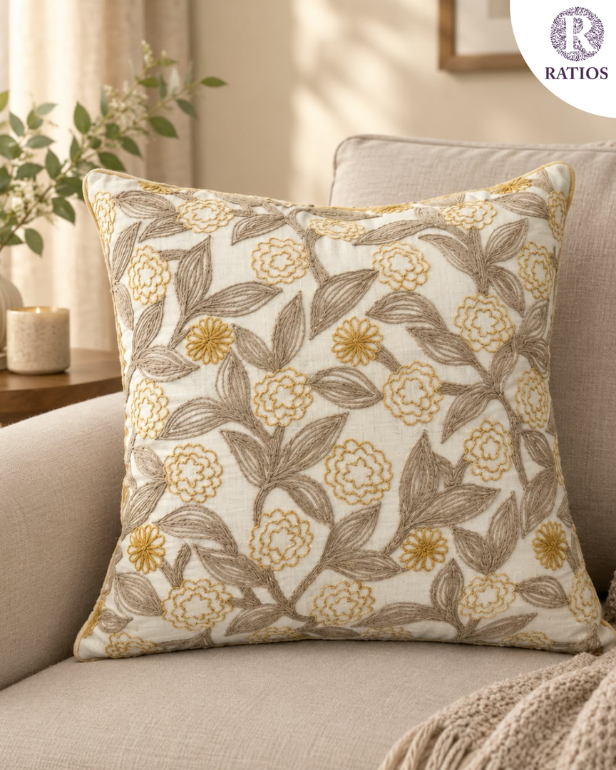Hand-Embroidered Floral Cushion Cover – Off-White & Ochre Botanical Pillow Case