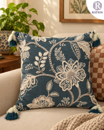 Load image into Gallery viewer, Teal Floral Embroidered Cushion Cover with Tassels