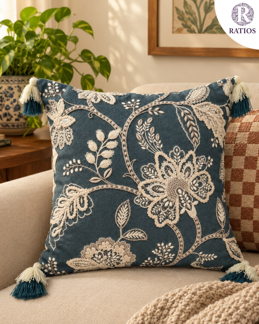 Teal Floral Embroidered Cushion Cover with Tassels
