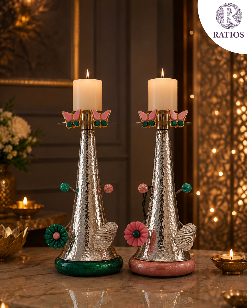 Floral Bloom Hammered Metal Candle Holder Set of 2