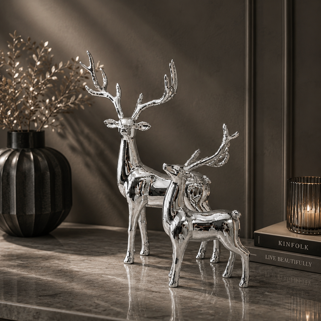 Luxe Silver Deer Figurine Set – Modern Decorative Sculptures