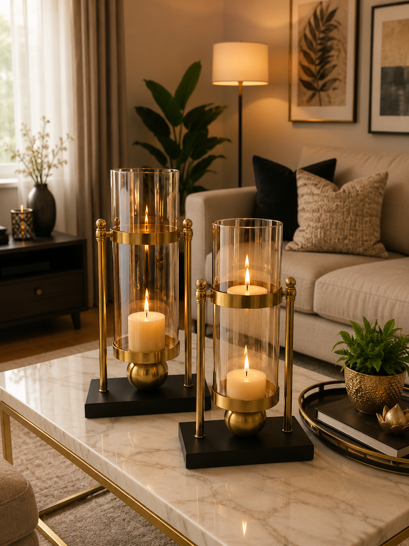 Luxe Glow Glass Candle Holder Set – Gold &amp; Black Modern Lantern Décor