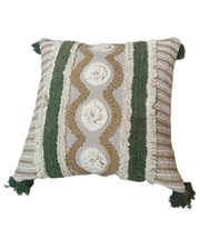 Boho Handwoven Textured Cotton Cushion Cover with Tassels – Earthy Green
