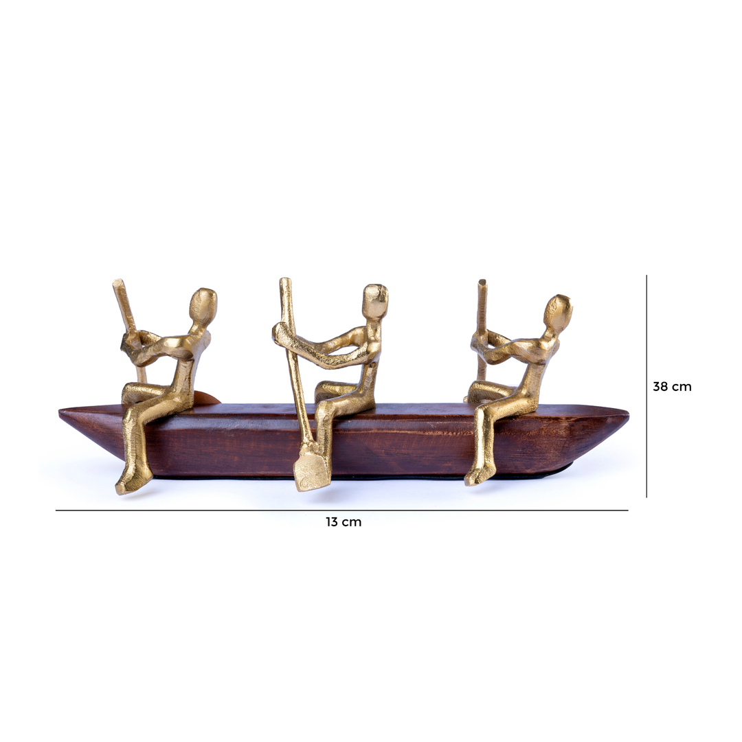 Ratios Brass Finish Rowing Team Sculpture on Wooden Boat