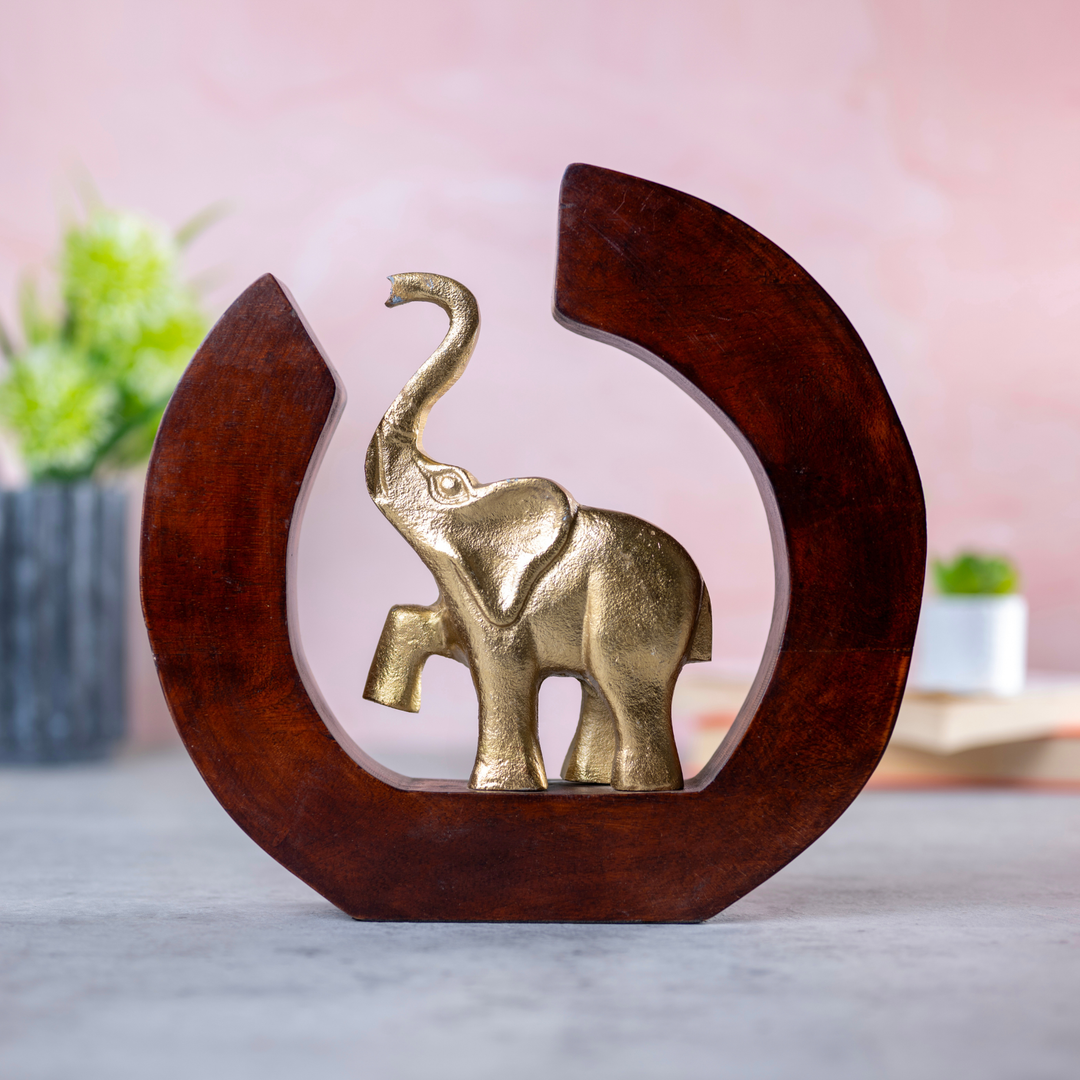 Golden Elephant Decorative Showpiece with Wooden Frame
