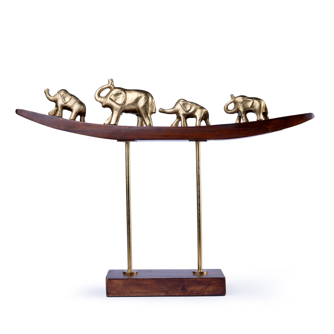 Golden Elephant Family Sculpture on Wooden Arc Base