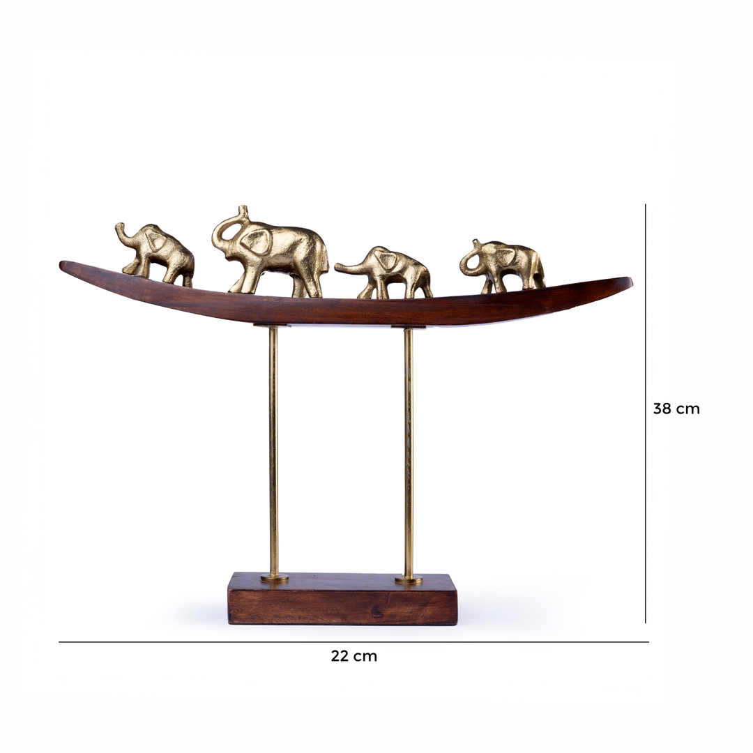 Golden Elephant Family Sculpture on Wooden Arc Base