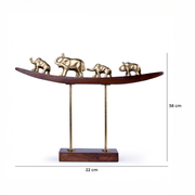 Golden Elephant Family Sculpture on Wooden Arc Base