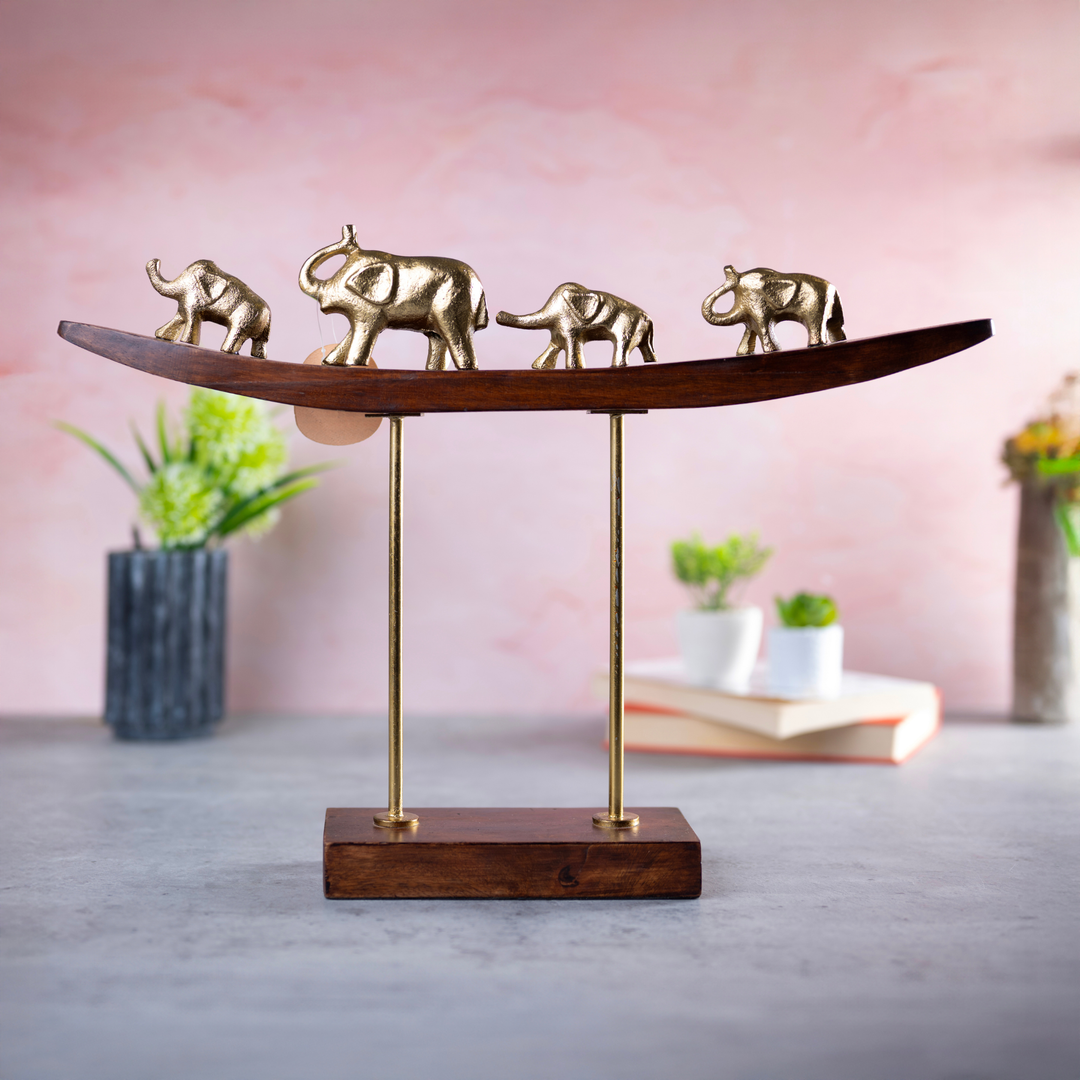 Golden Elephant Family Sculpture on Wooden Arc Base