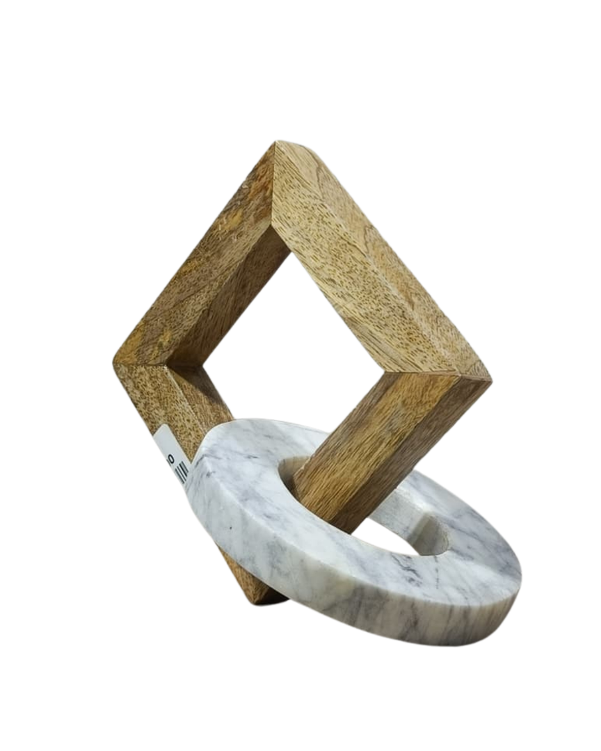 Geometric Wood & Marble Ring Sculpture – Modern Décor Accent