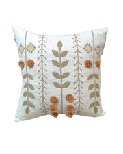 Boho Hand-Embroidered Cotton Cushion Cover – Botanical Vine with Pom-Pom Accents