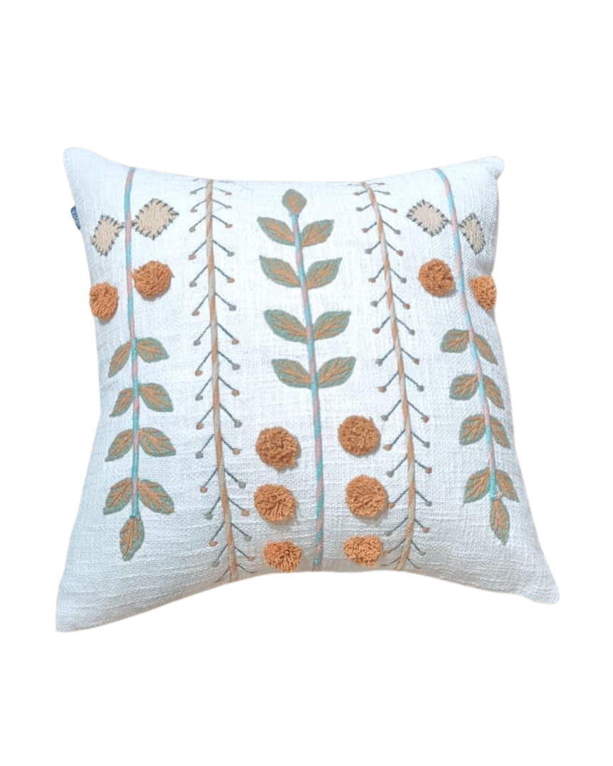 Boho Hand-Embroidered Cotton Cushion Cover – Botanical Vine with Pom-Pom Accents