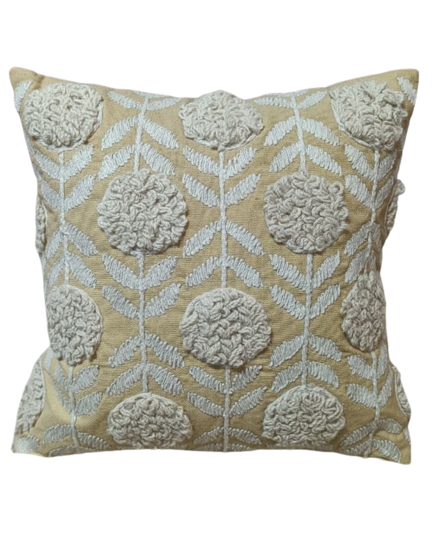 Handcrafted Tufted Floral Cushion Cover – Beige & Ivory