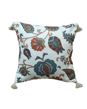 Floral Printed Cushion Cover with Tassels – Multicolor on Ivory Base