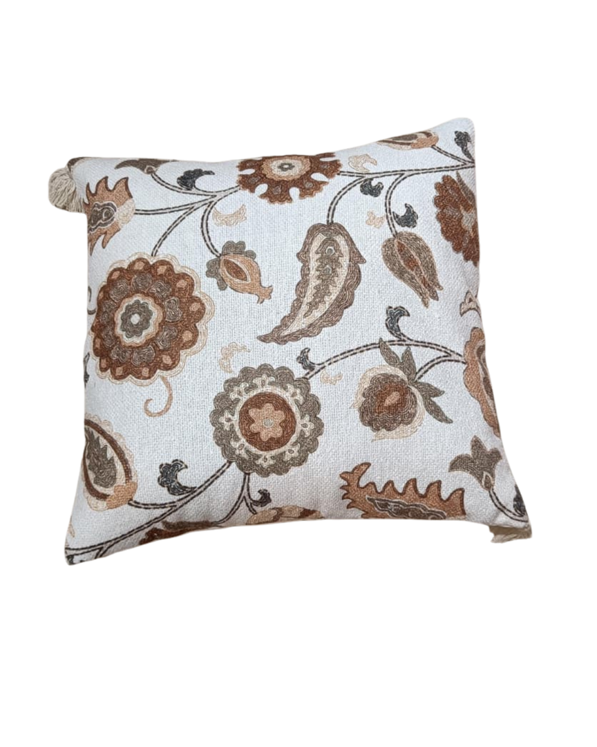 Classic Floral Printed Cushion Cover – Earthy Brown on Ivory Base