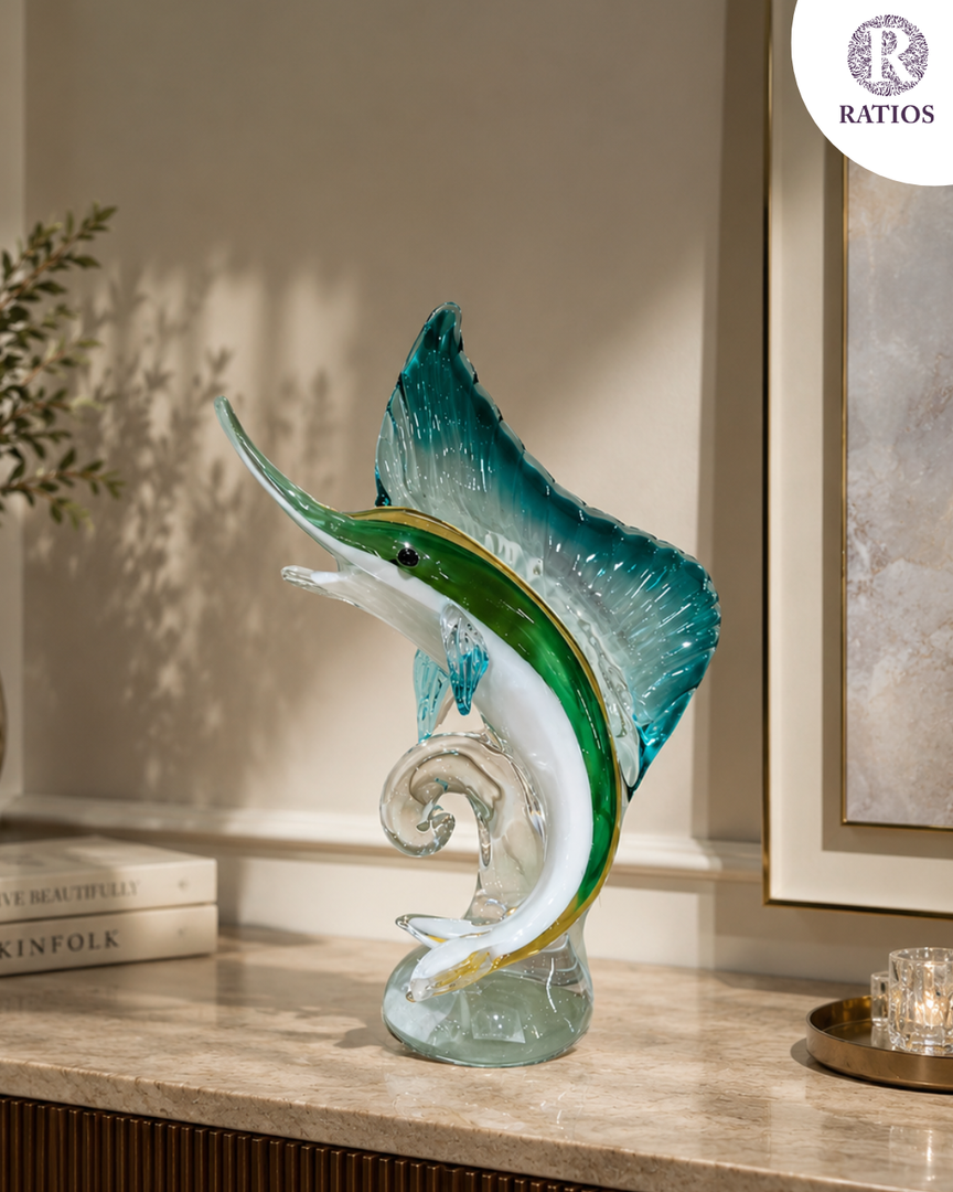 Emerald &amp; Teal Glass Sailfish Sculpture – Luxury Decorative Showpiece