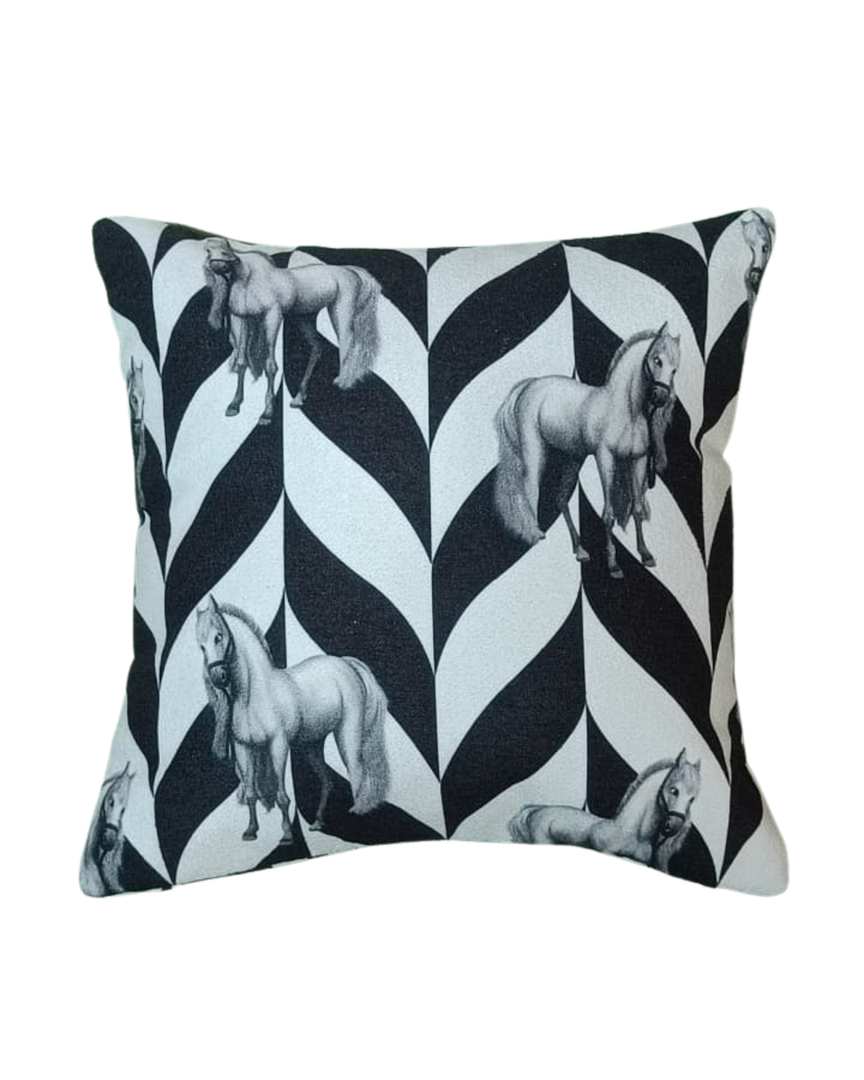Monochrome Horse Print Cushion Cover – Black & White Decorative Pillow Cover