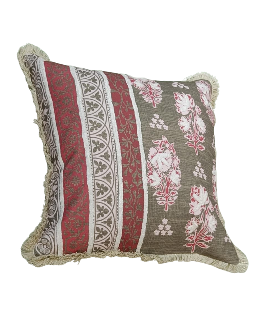 Embroidered Floral Tassel Cushion Cover – Grey