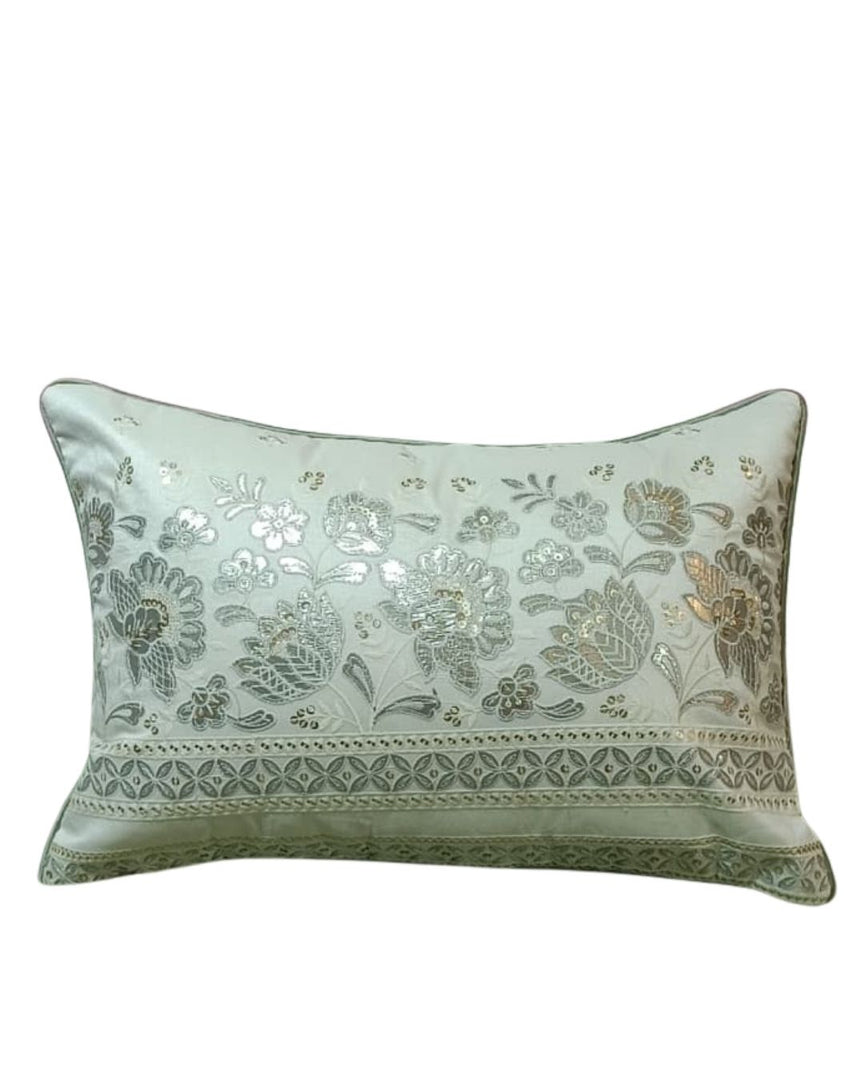 RATIOS White Floral Embroidered Rectangular Cushion Cover with Silver Sequin Border